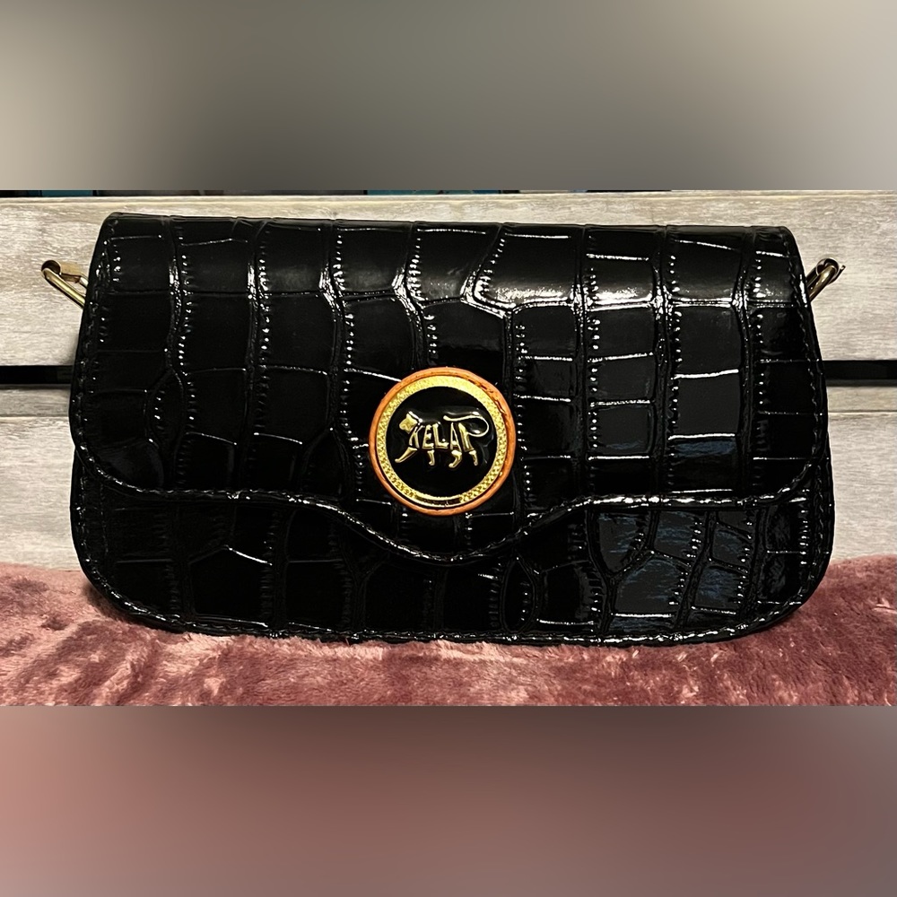 Women’s Black 🐊Croc-Embossed Vegan Leather Saddle Bag 👜